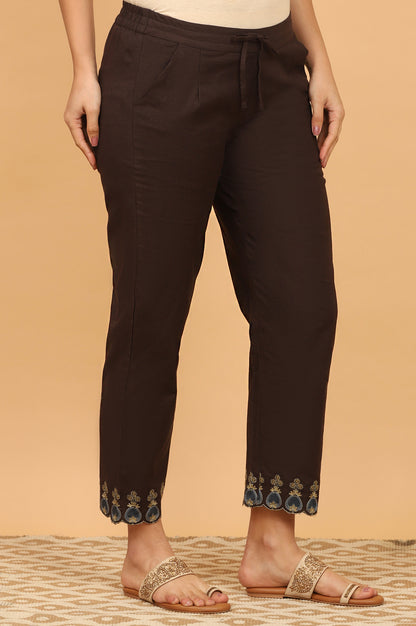 Dark Brown Embroidered Straight Pants with Scallops