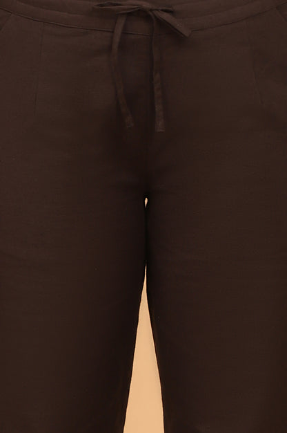 Dark Brown Embroidered Straight Pants with Scallops
