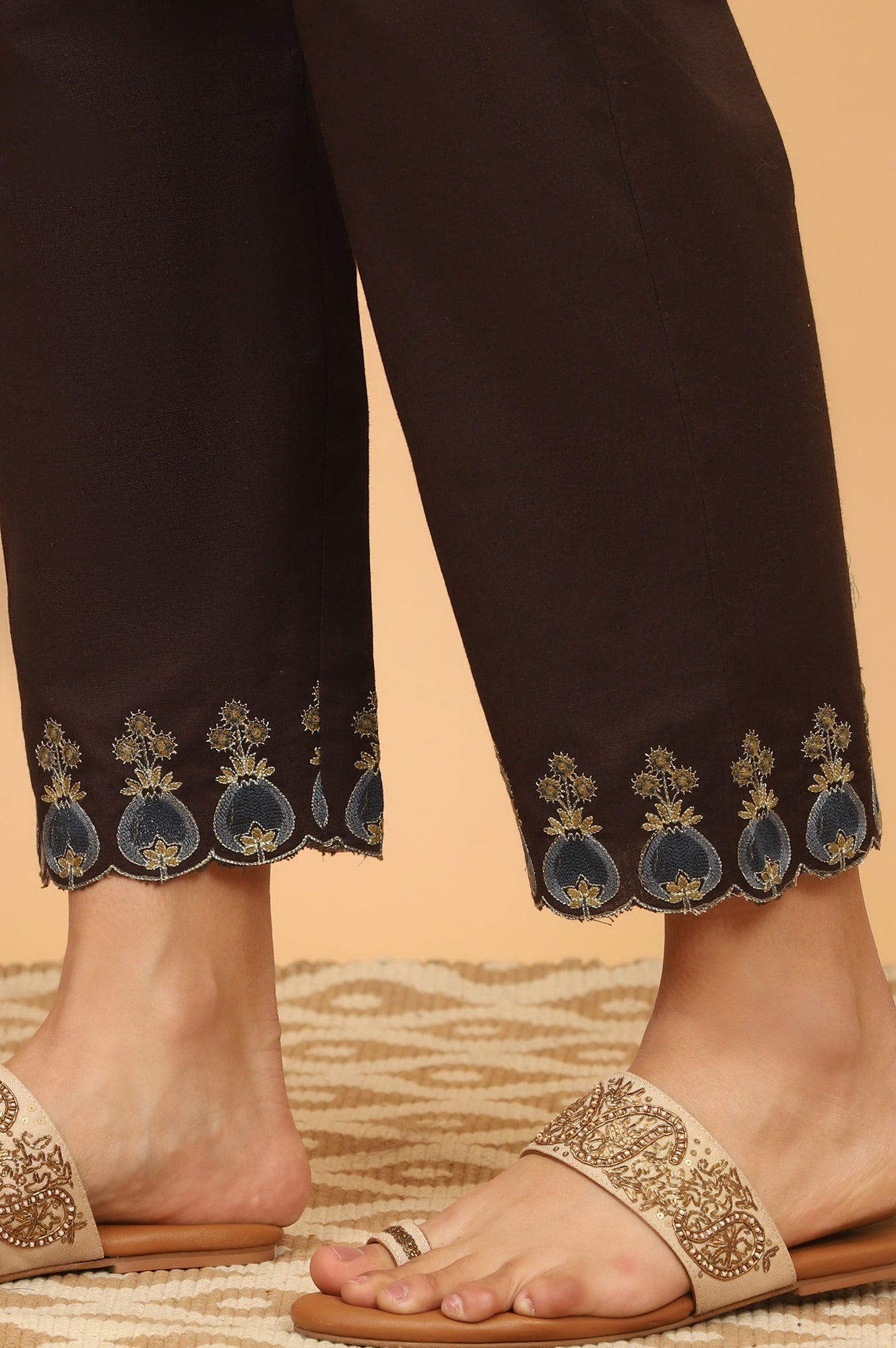 Dark Brown Embroidered Straight Pants with Scallops