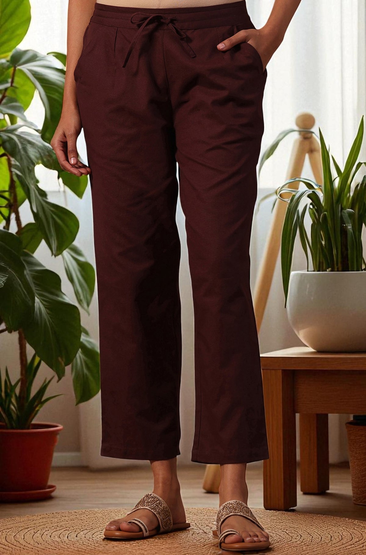 Red Solid Cotton Blend Straight Pants - S