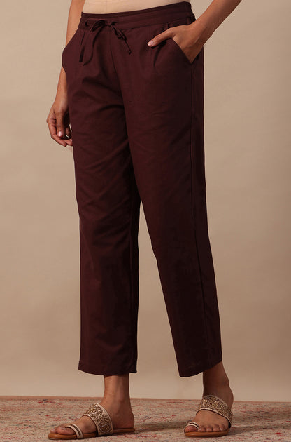 Red Solid Cotton Blend Straight Pants