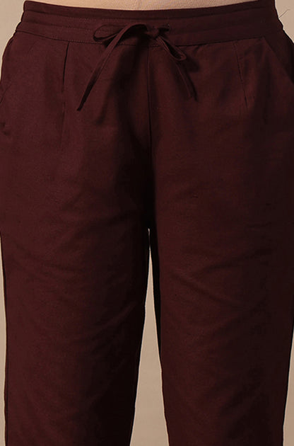 Red Solid Cotton Blend Straight Pants