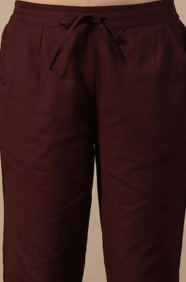 Red Solid Cotton Blend Straight Pants