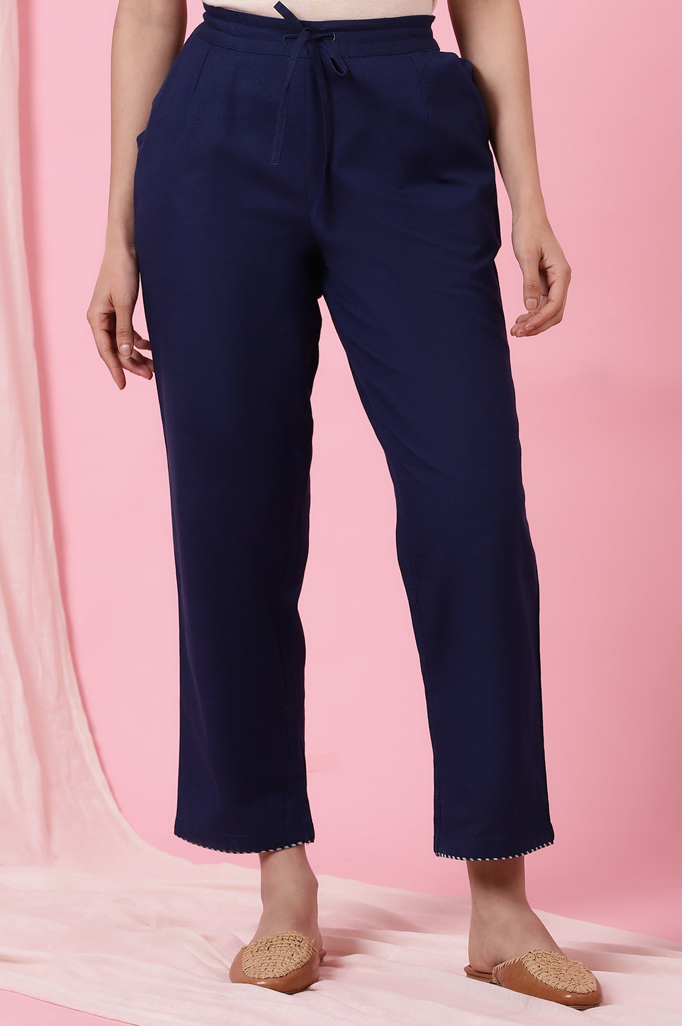 Indigo Solid Straight Pants in Cotton Flax