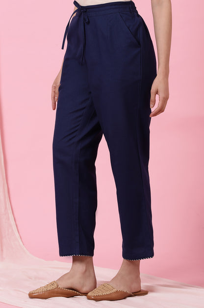 Indigo Solid Straight Pants in Cotton Flax