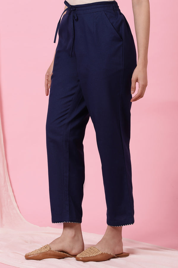 Indigo Solid Straight Pants in Cotton Flax