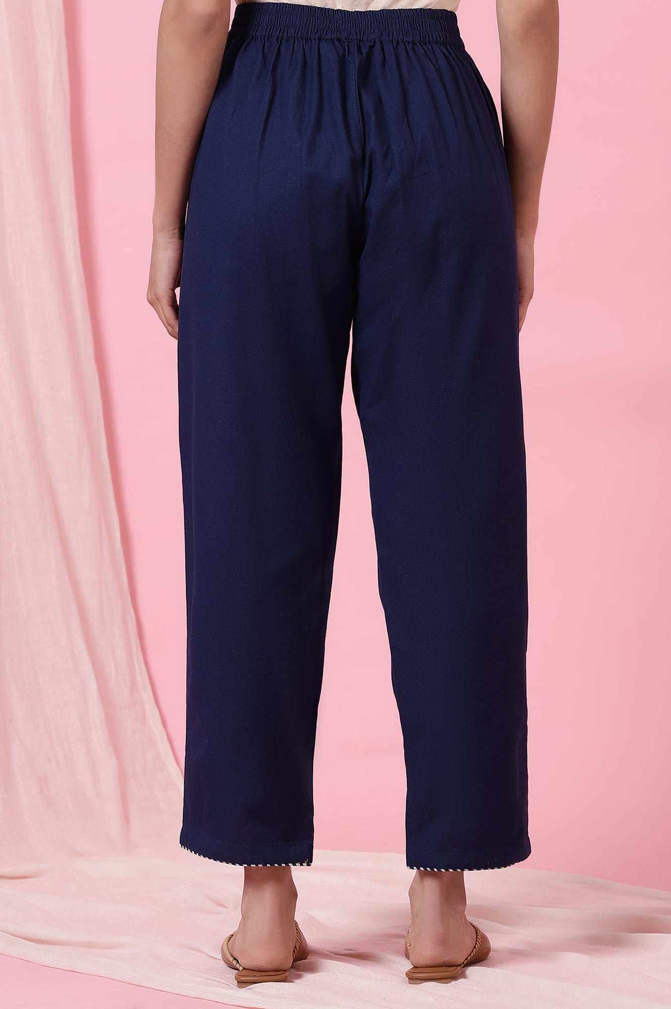Indigo Solid Straight Pants in Cotton Flax
