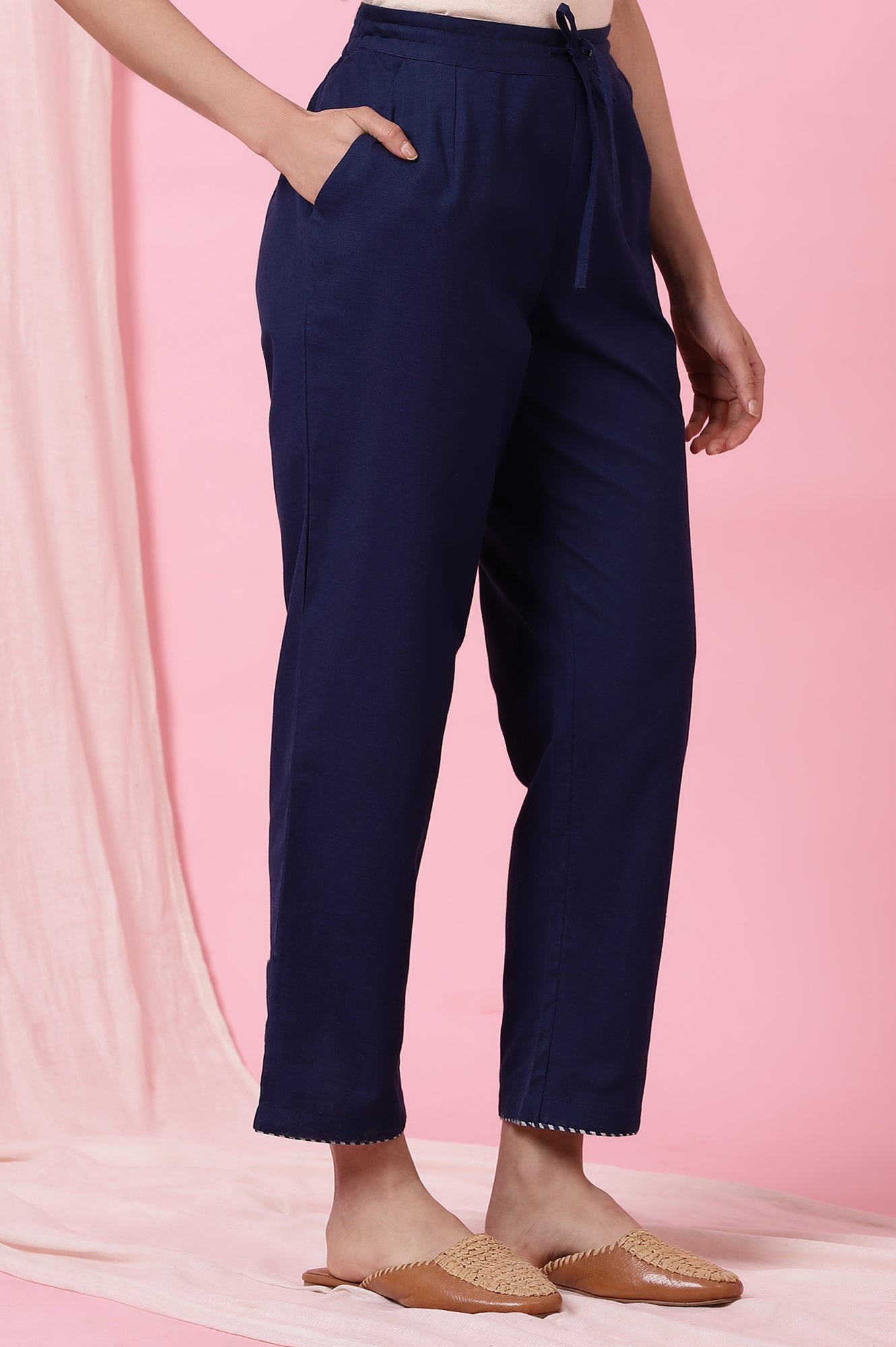 Indigo Solid Straight Pants in Cotton Flax