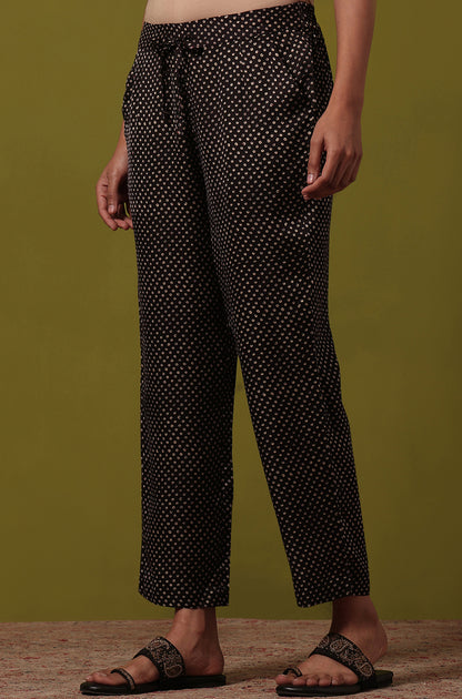 Black Handblock Printed Straight Pants in Modal Satin