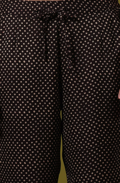 Black Handblock Printed Straight Pants in Modal Satin
