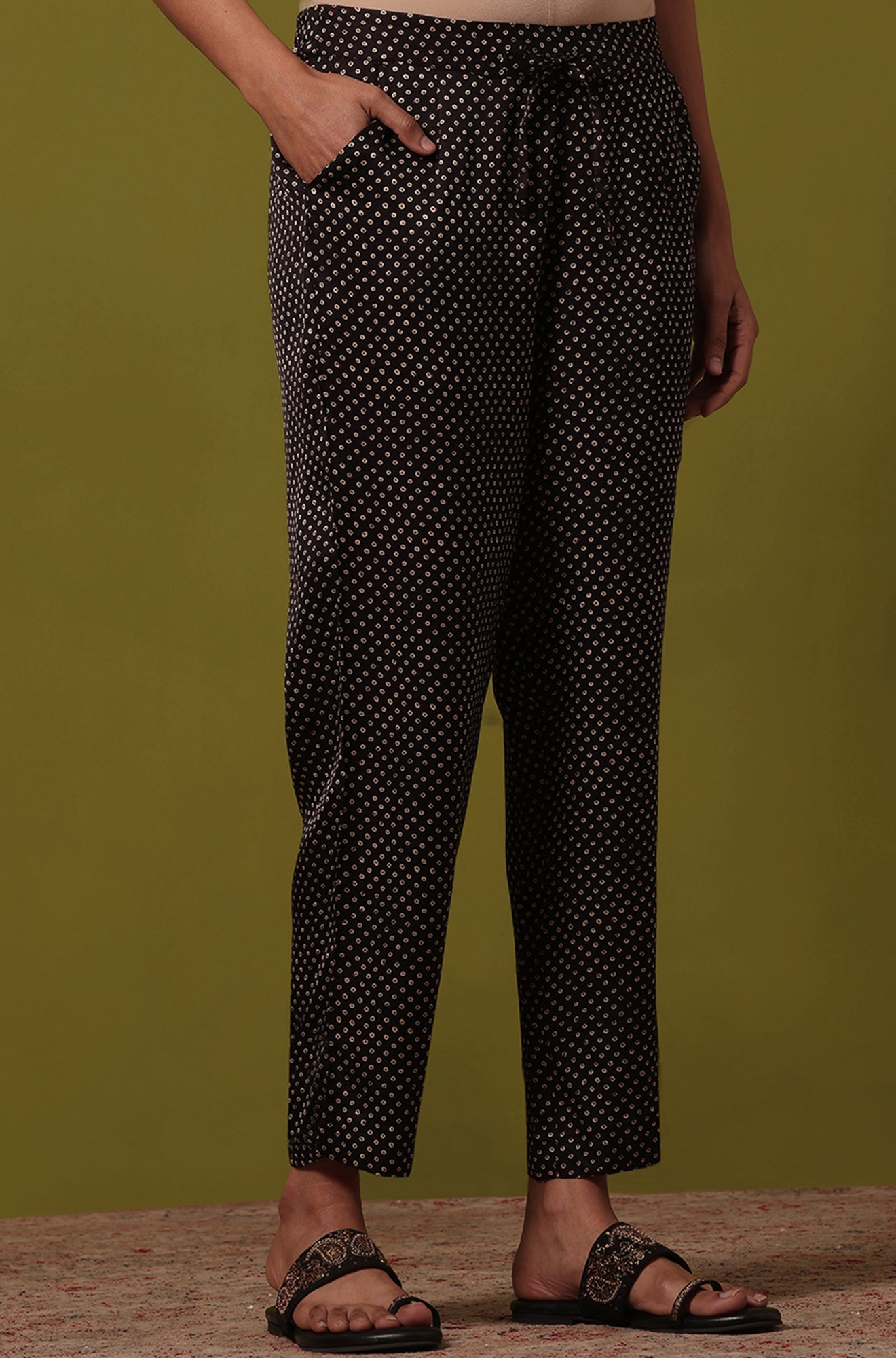 Black Handblock Printed Straight Pants in Modal Satin