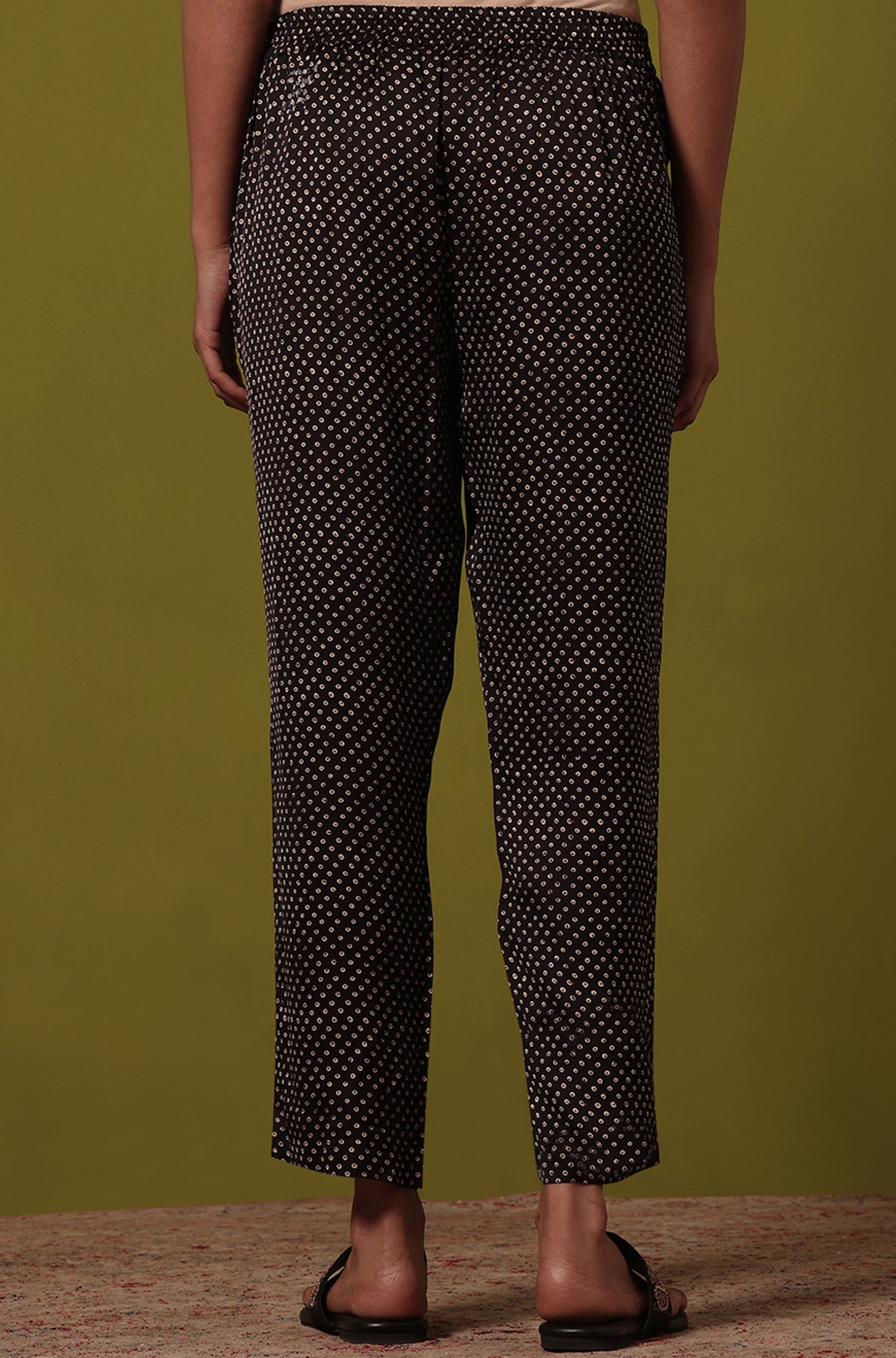 Black Handblock Printed Straight Pants in Modal Satin