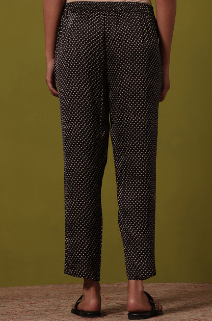 Black Handblock Printed Straight Pants in Modal Satin