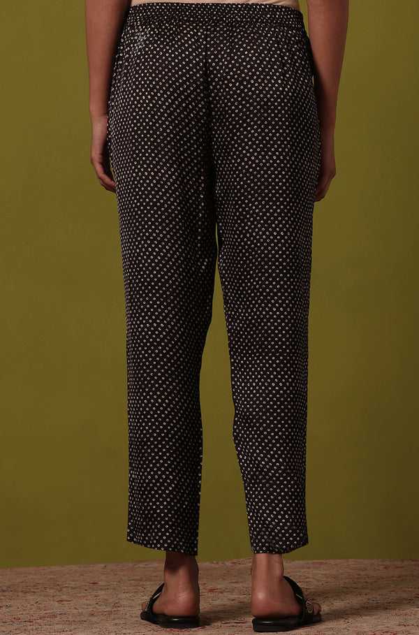Black Handblock Printed Straight Pants in Modal Satin