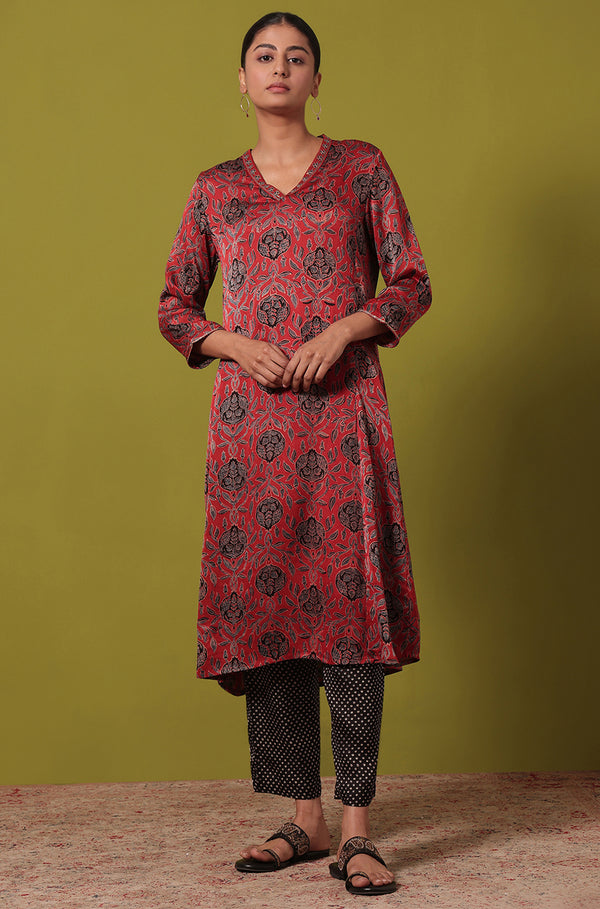 Black Handblock Printed Straight Pants in Modal Satin