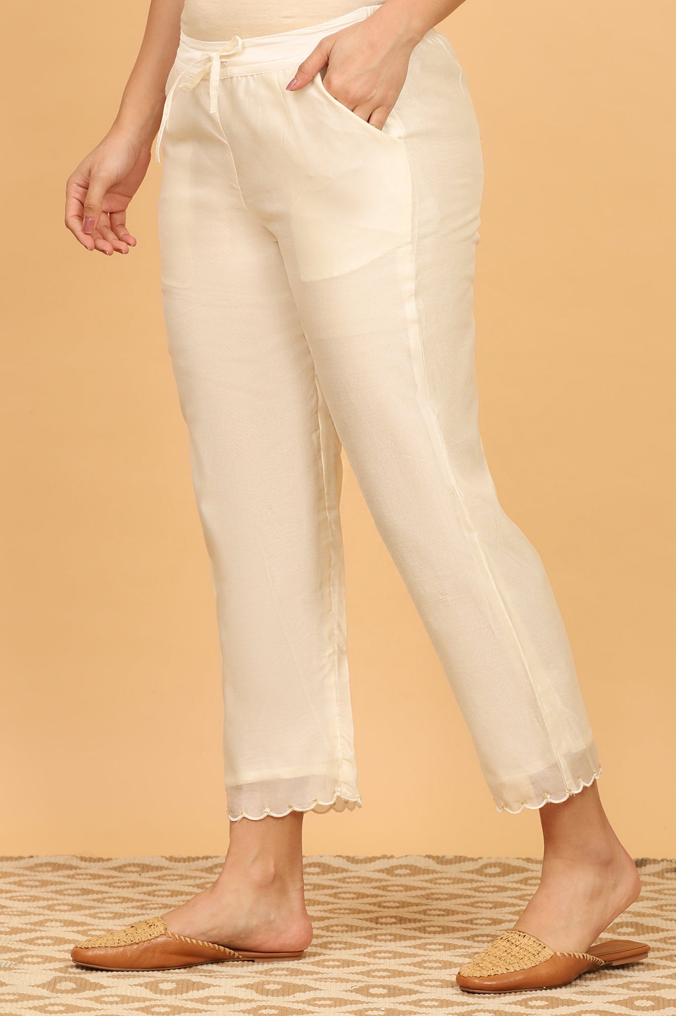 Ecru Straight Pants in Cotton Silk