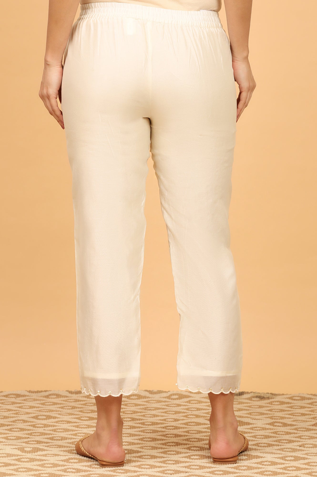 Ecru Straight Pants in Cotton Silk