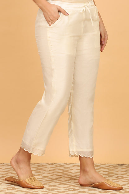 Ecru Straight Pants in Cotton Silk