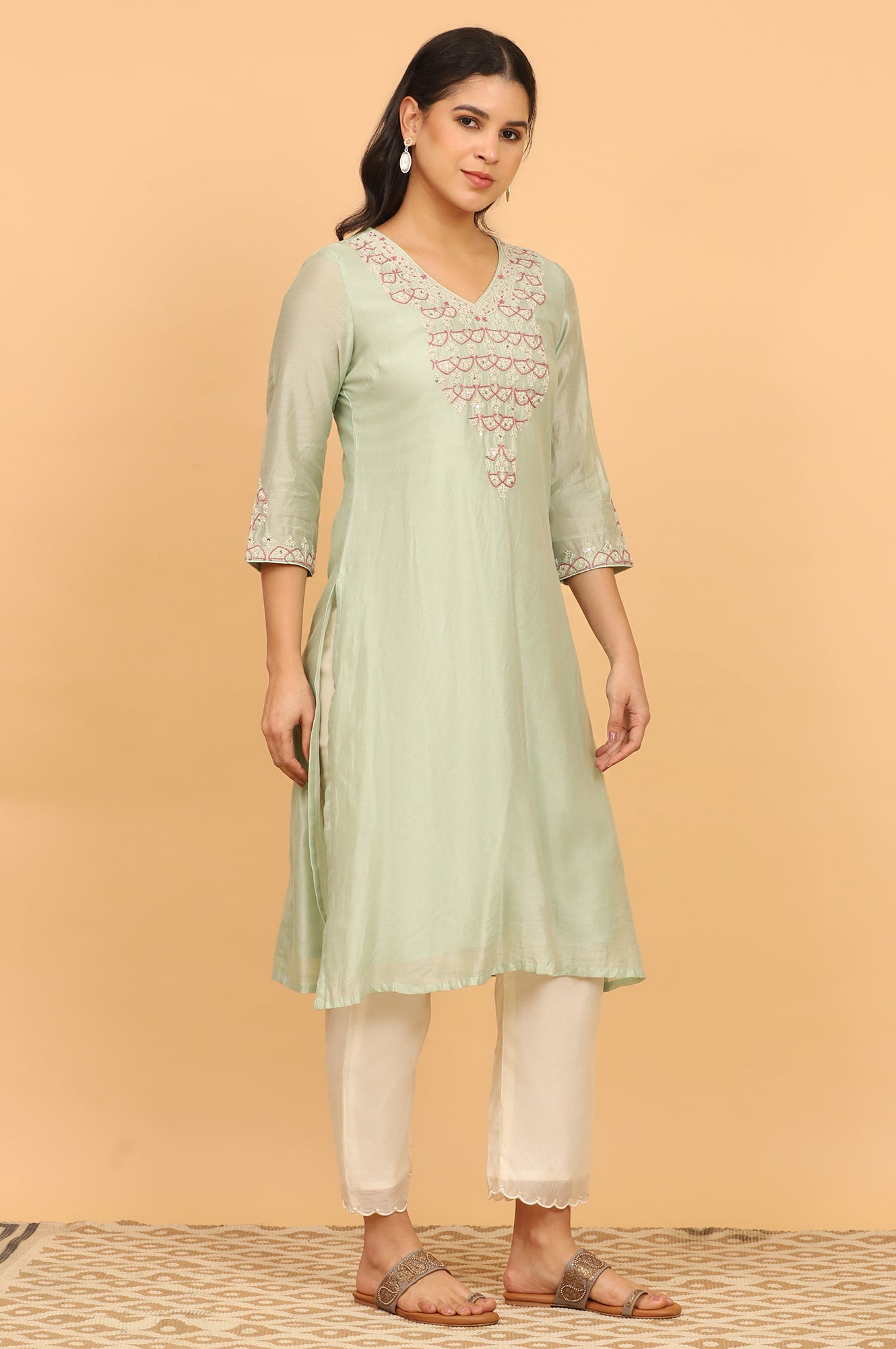 Ecru Straight Pants in Cotton Silk