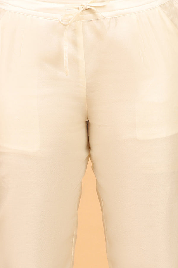 Ecru Straight Pants in Cotton Silk