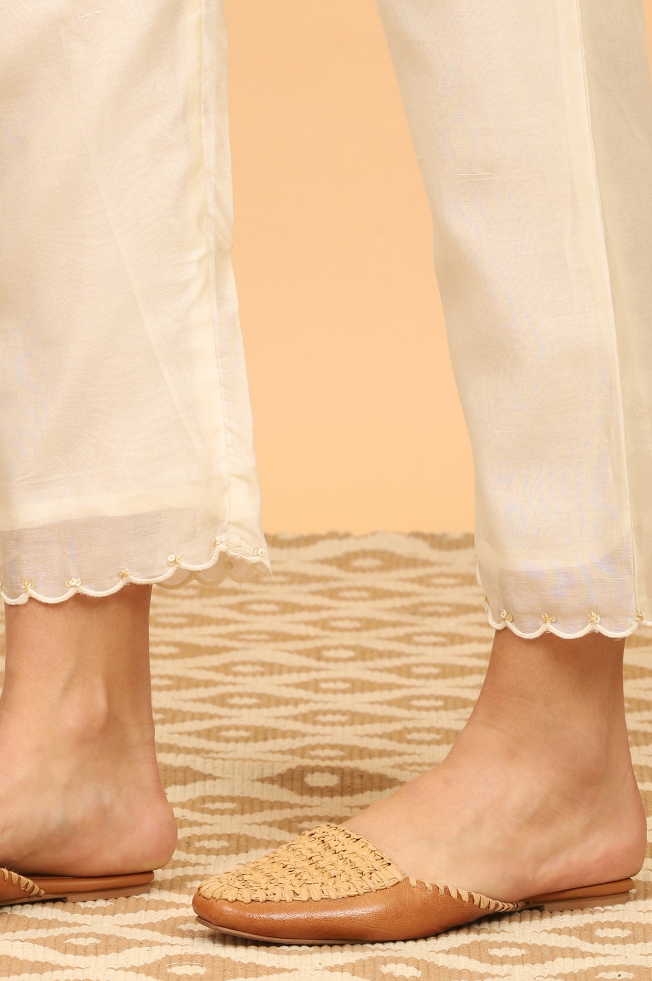 Ecru Straight Pants in Cotton Silk