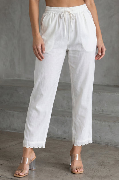 Folksong Women’s Off White Lace Cotton Silk Straight Fit Mid Rise Pants