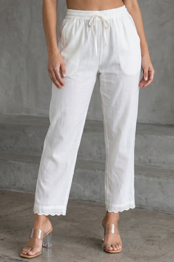 Folksong Women’s Off White Lace Cotton Silk Straight Fit Mid Rise Pants