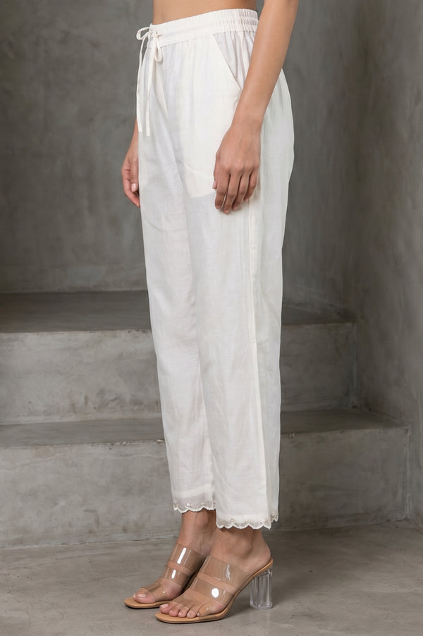 Folksong Women’s Off White Lace Cotton Silk Straight Fit Mid Rise Pants