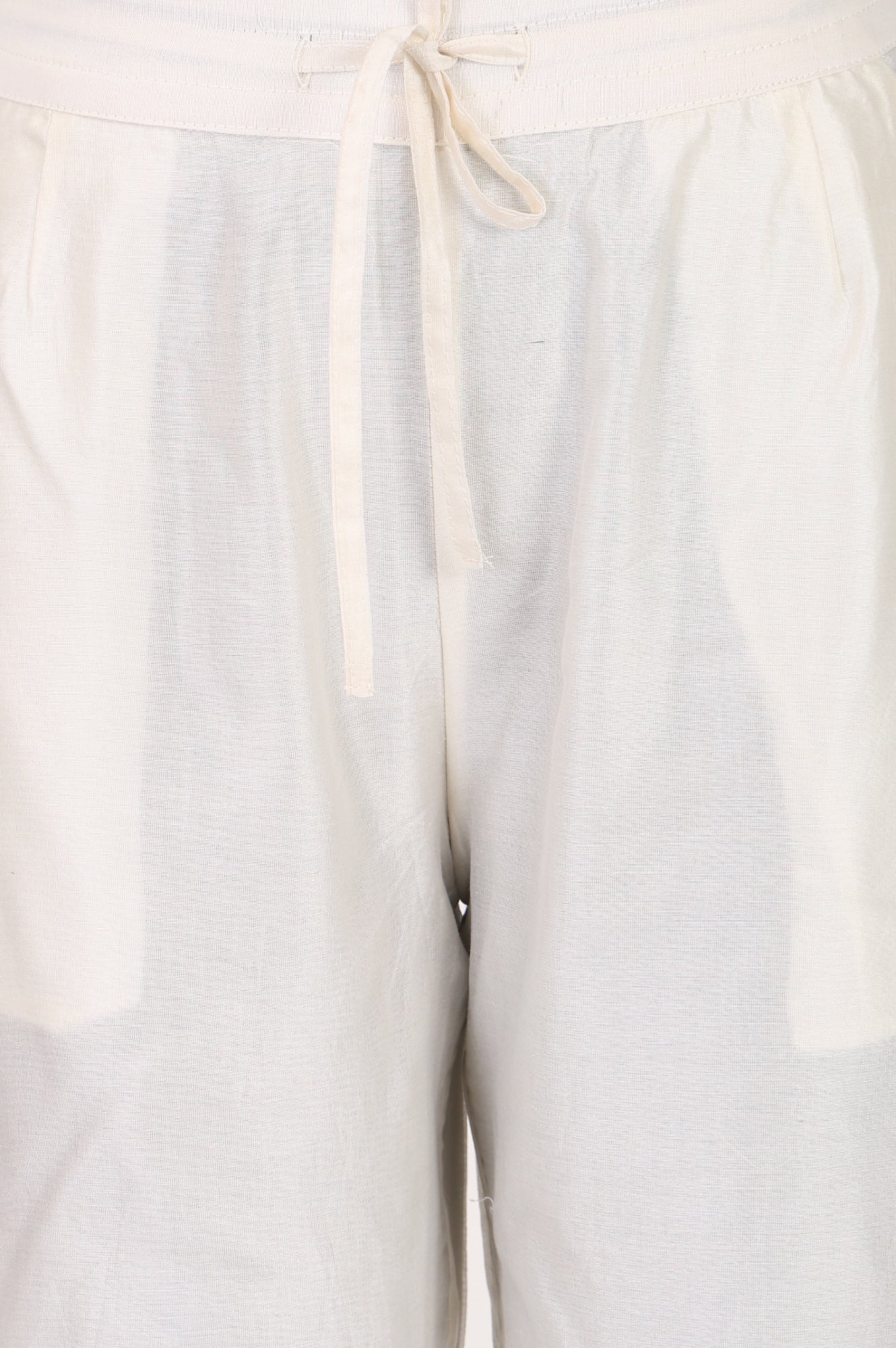 Folksong Women’s Off White Lace Cotton Silk Straight Fit Mid Rise Pants