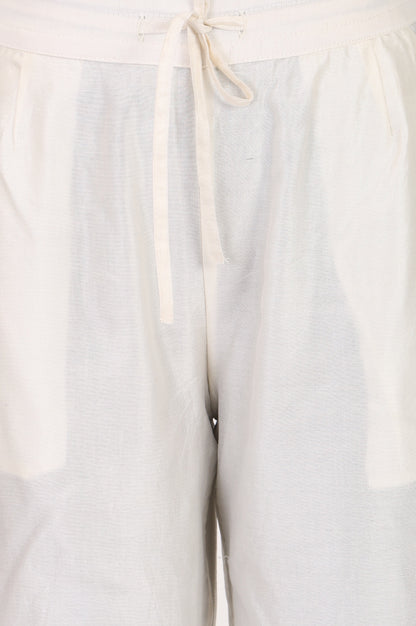 Folksong Women’s Off White Lace Cotton Silk Straight Fit Mid Rise Pants