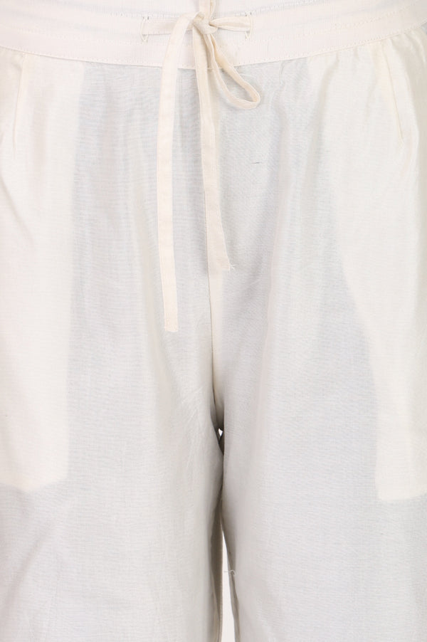 Folksong Women’s Off White Lace Cotton Silk Straight Fit Mid Rise Pants