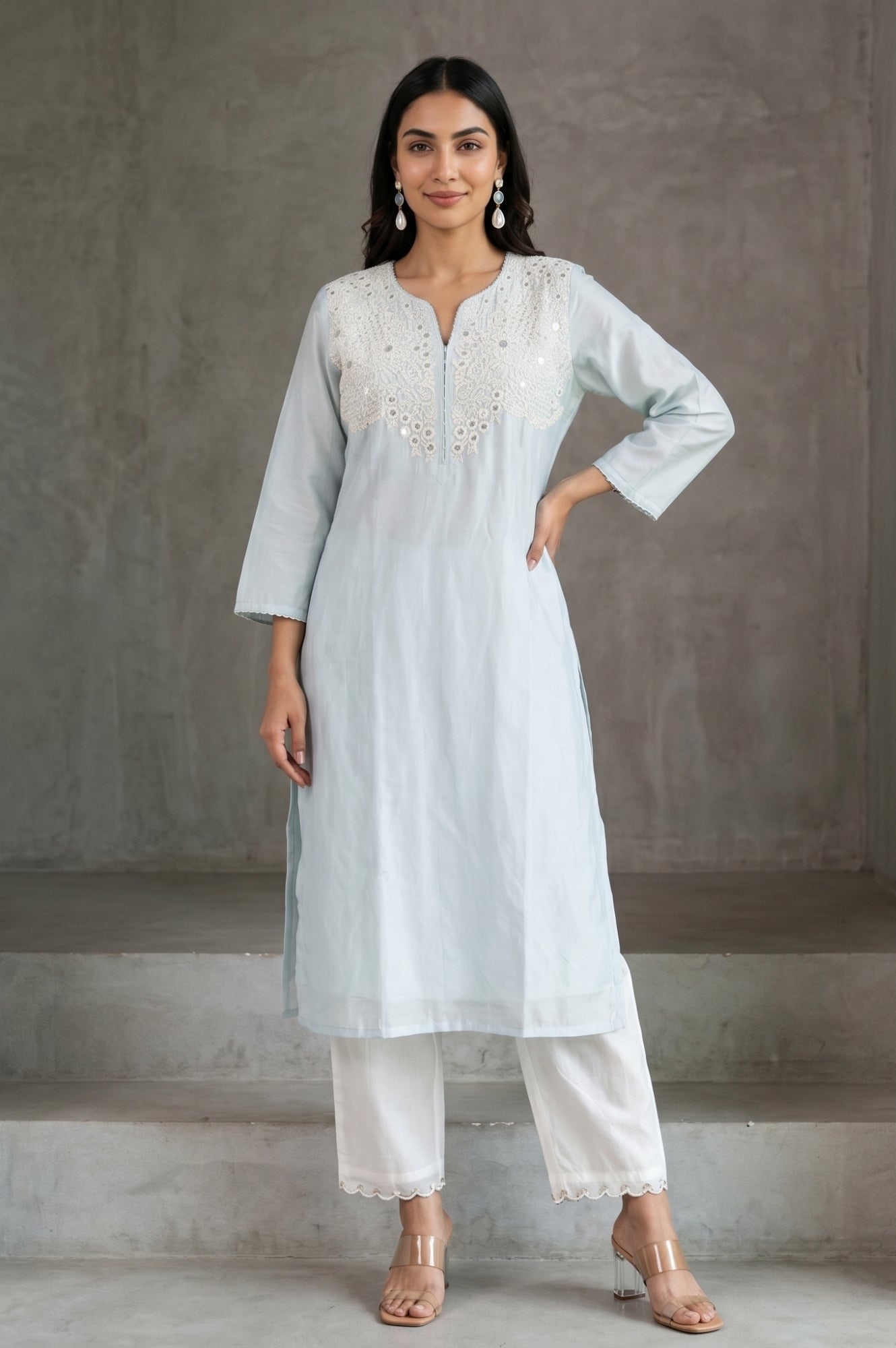 Folksong Women’s Off White Lace Cotton Silk Straight Fit Mid Rise Pants