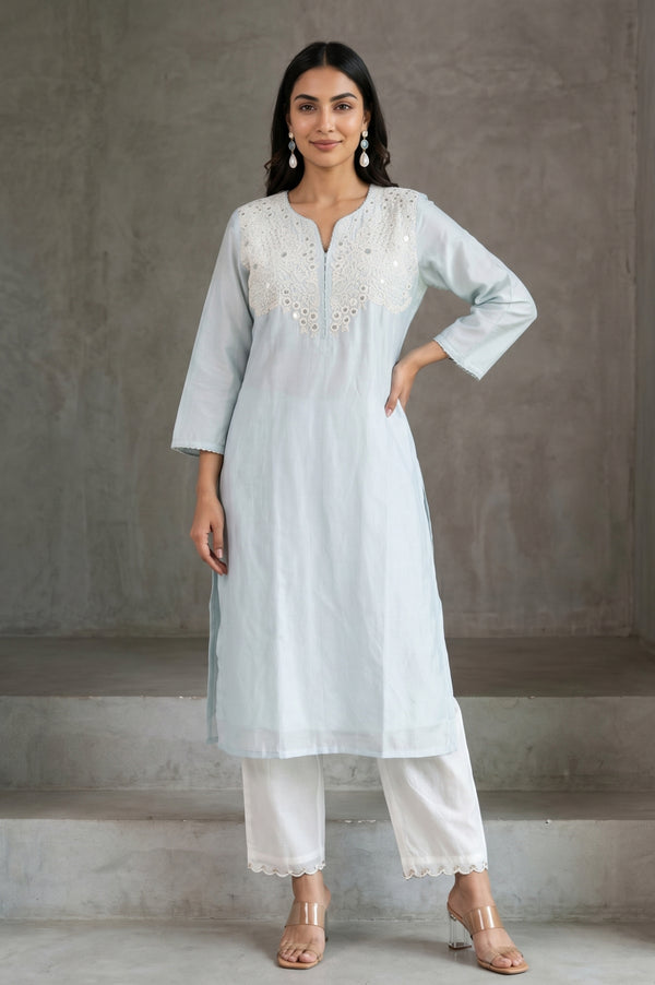 Folksong Women’s Off White Lace Cotton Silk Straight Fit Mid Rise Pants