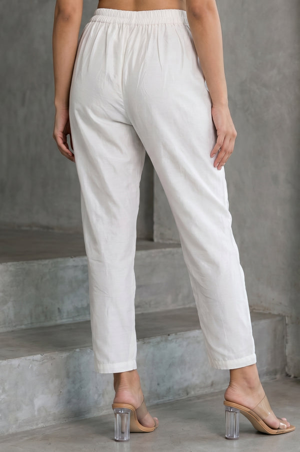 Folksong Women’s Off White Lace Cotton Silk Straight Fit Mid Rise Pants