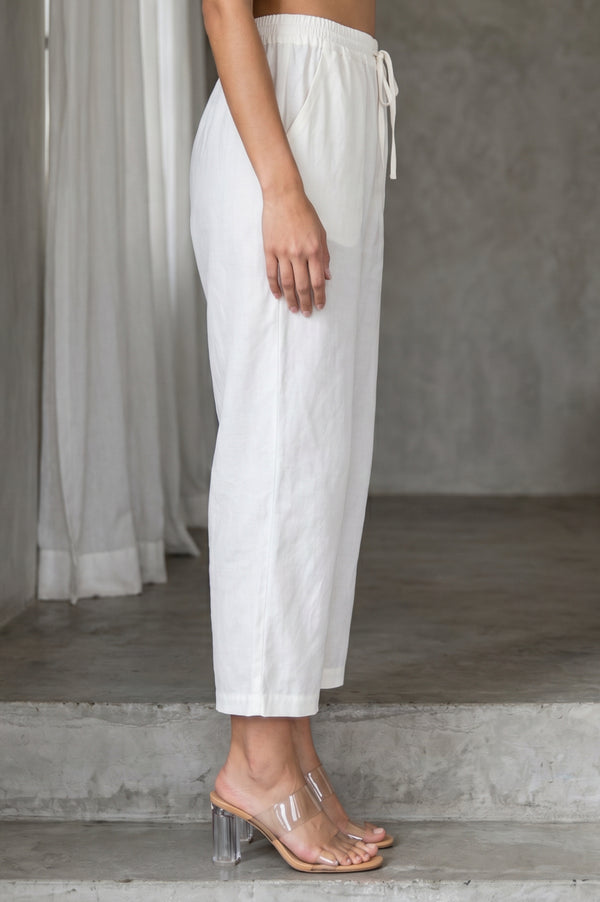 Folksong Women’s Off White Lace Cotton Silk Straight Fit Mid Rise Pants
