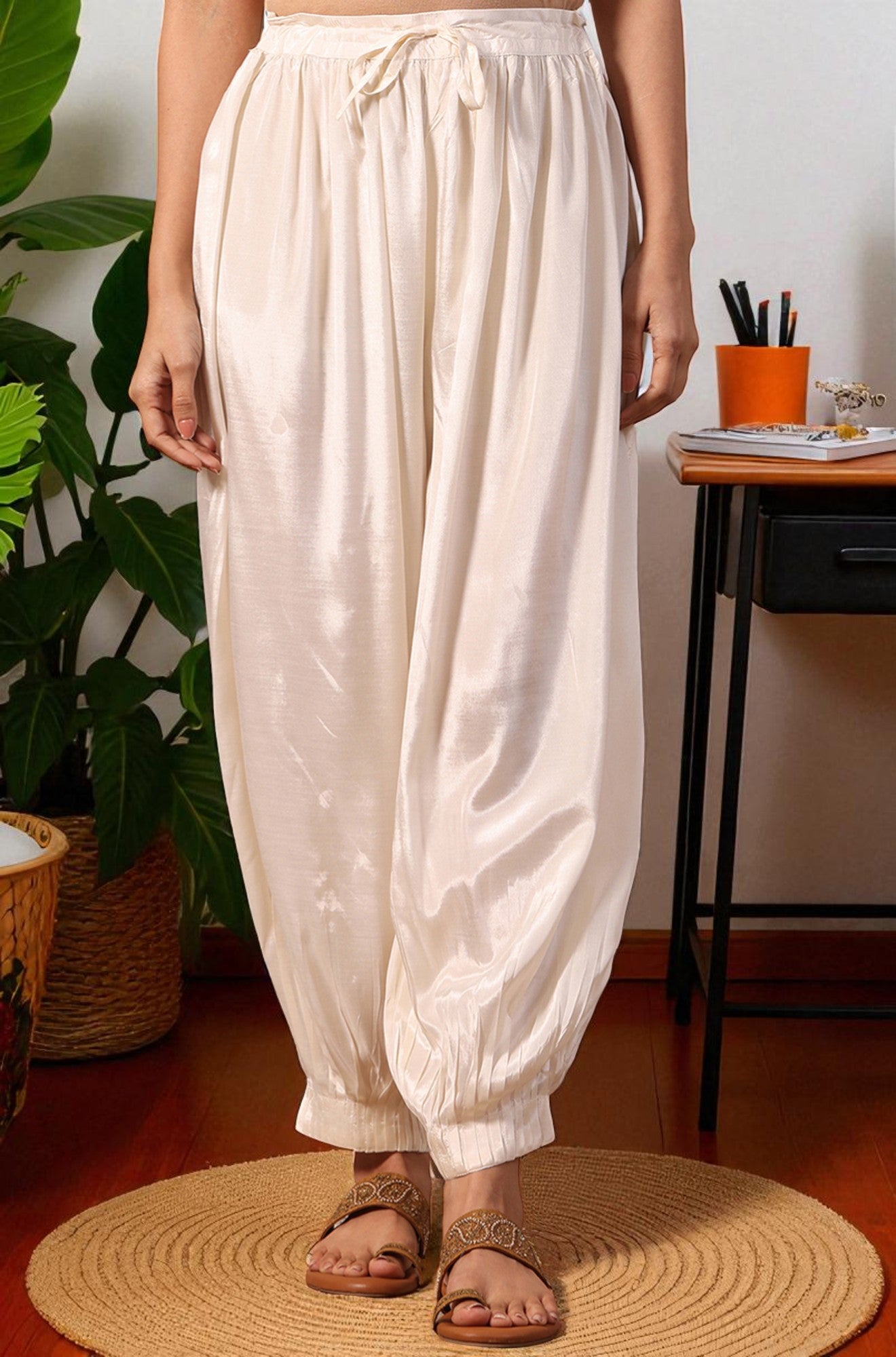 Cream Solid Viscose Gathered Salwar