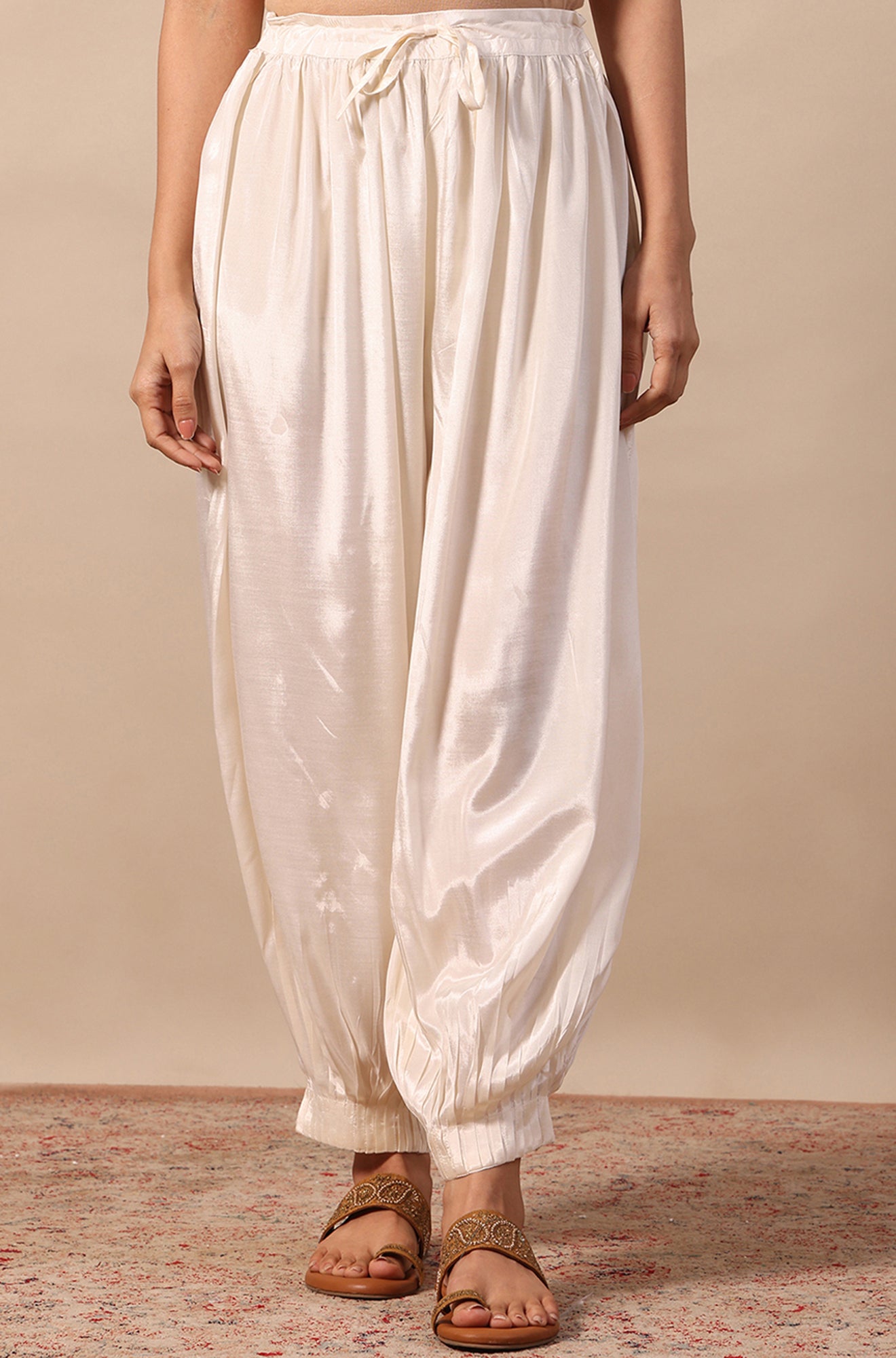 Cream Solid Viscose Gathered Salwar