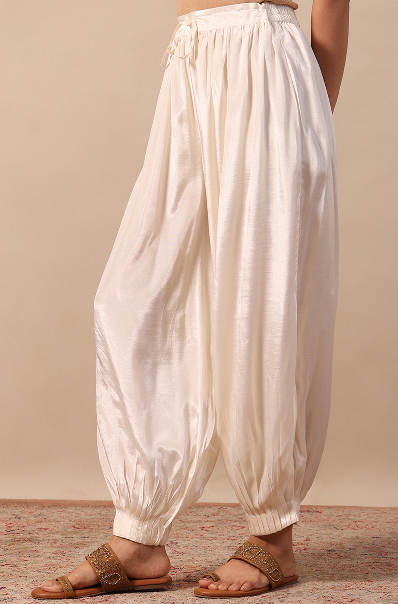 Cream Solid Viscose Gathered Salwar