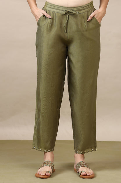 Pistachio Green Straight Pants in Cotton Silk