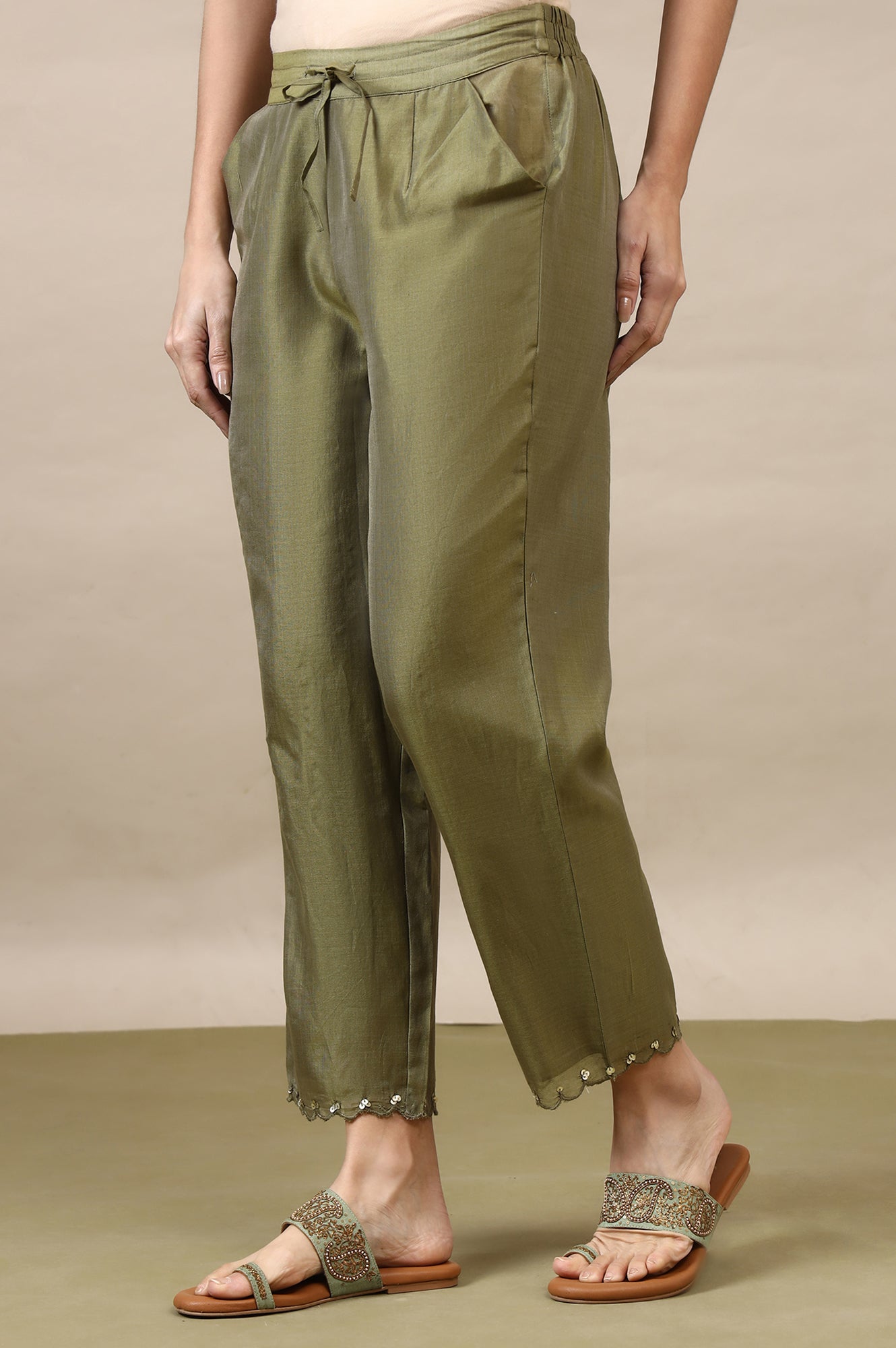 Pistachio Green Straight Pants in Cotton Silk