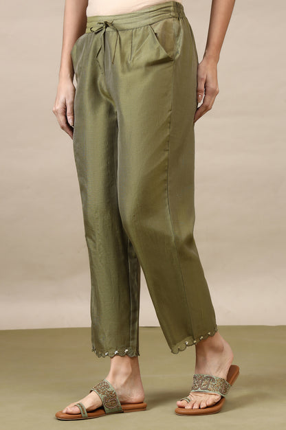 Pistachio Green Straight Pants in Cotton Silk