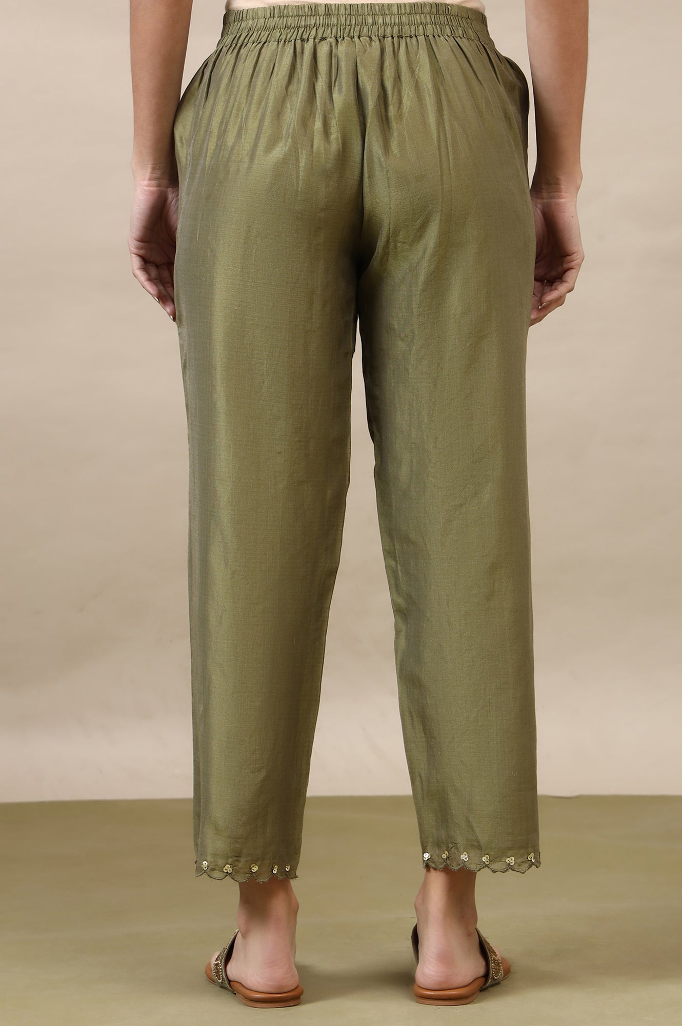 Pistachio Green Straight Pants in Cotton Silk