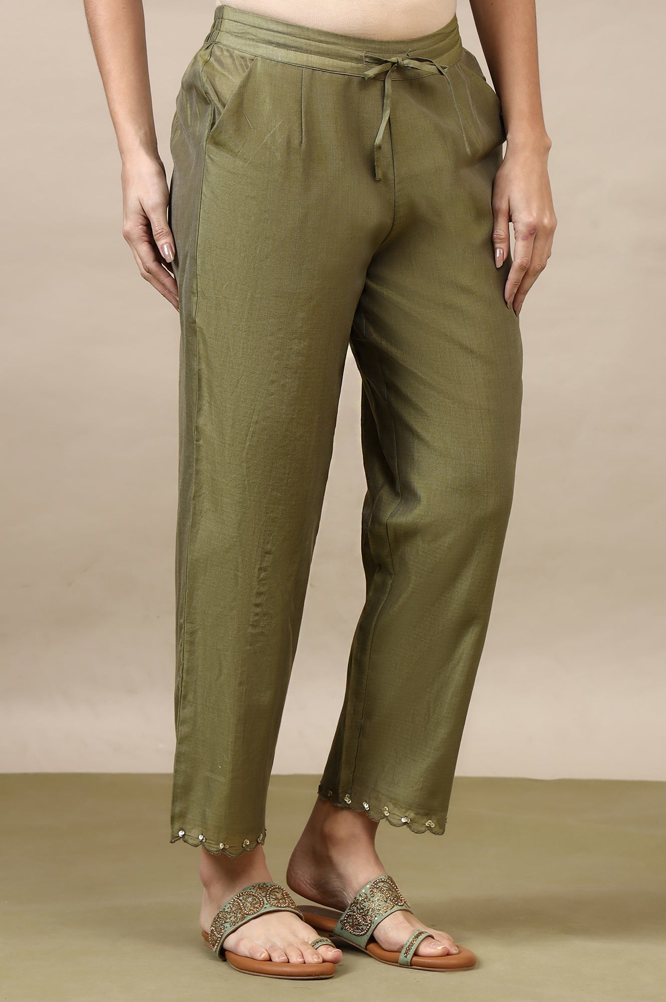 Pistachio Green Straight Pants in Cotton Silk