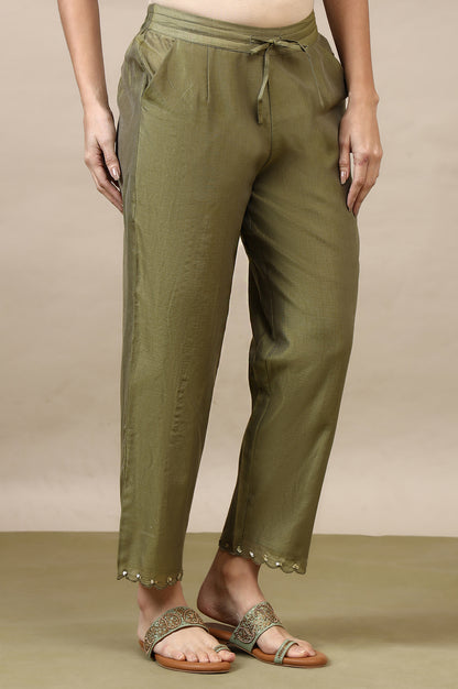 Pistachio Green Straight Pants in Cotton Silk