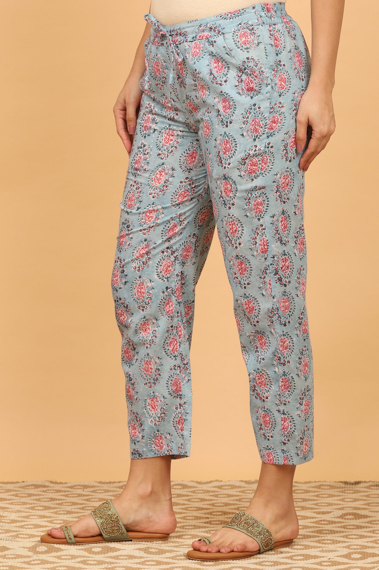 Blue Handblock Printed Straight Pants