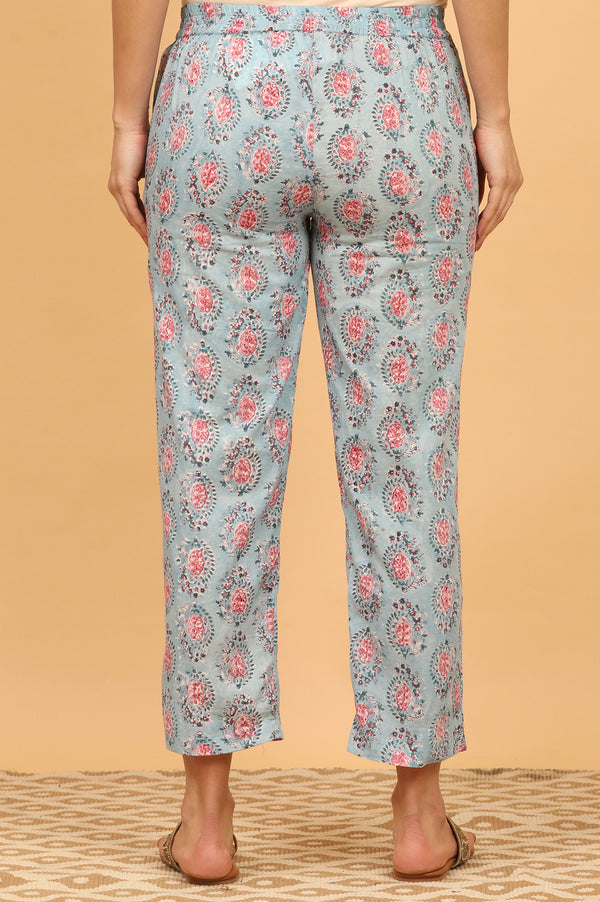 Blue Handblock Printed Straight Pants