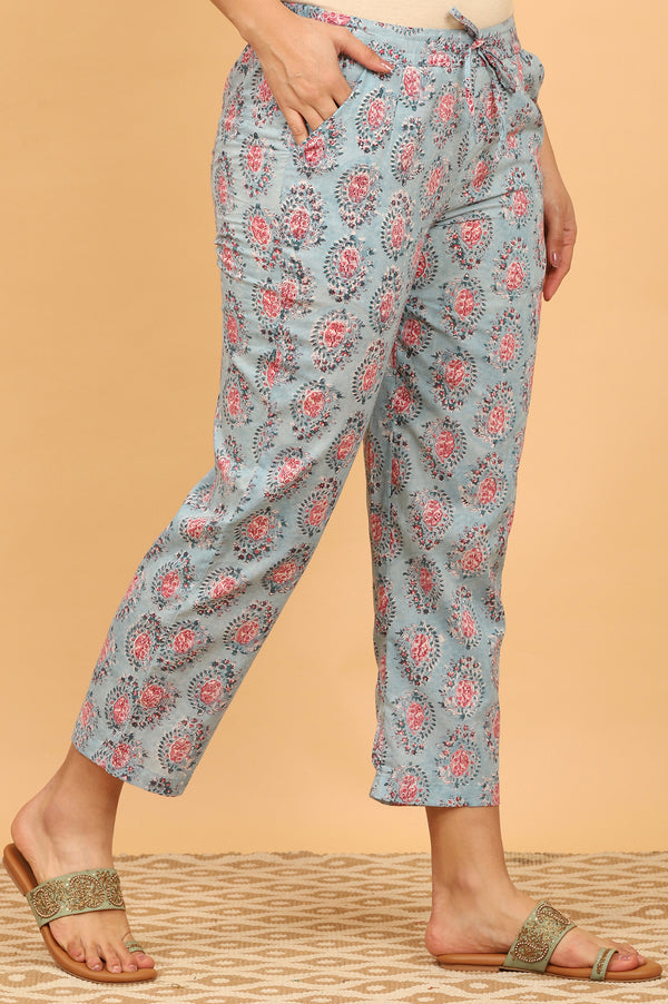Blue Handblock Printed Straight Pants