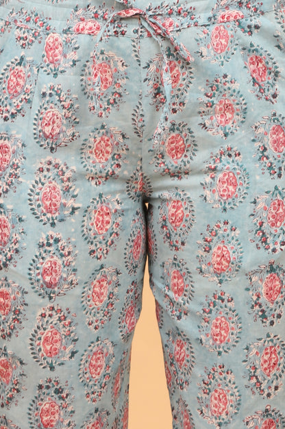 Blue Handblock Printed Straight Pants
