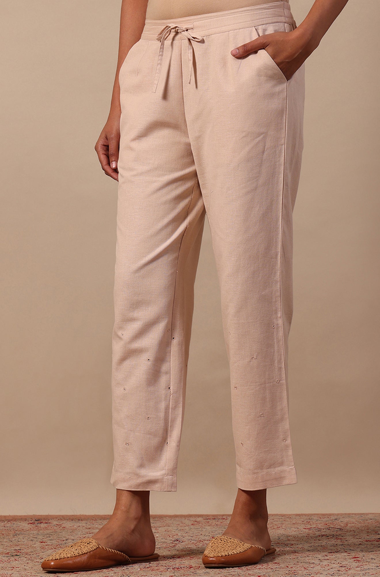 Beige Mirrorwork Straight Pants in Cotton Flax