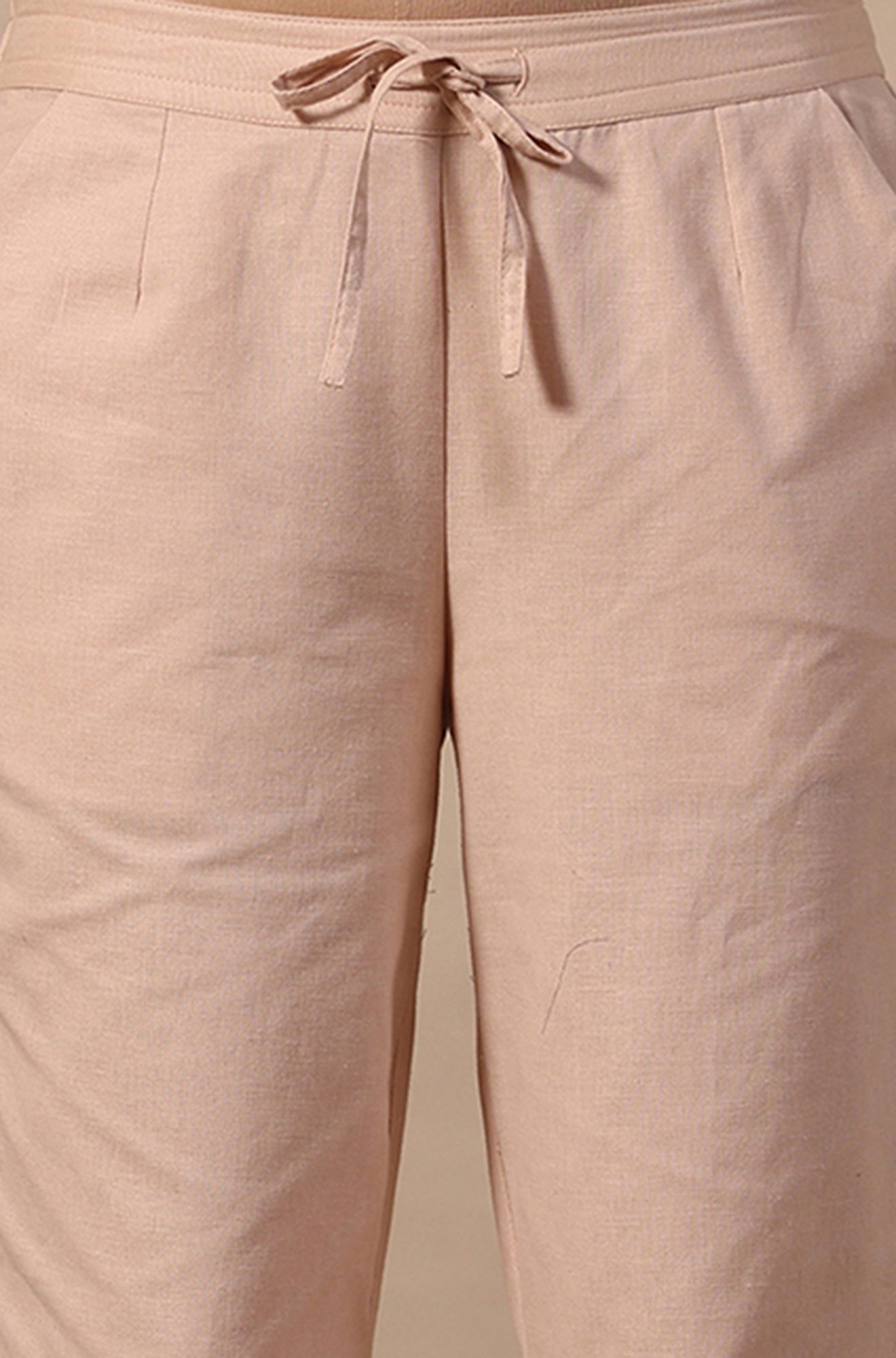 Beige Mirrorwork Straight Pants in Cotton Flax